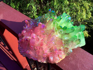 Aura Quartz Crystal Large 5 Lb. Cluster ~ 8" Long ~ Electric Pink & Green Points ~ Rainbow Iridescent ~ Big Sparkly Points ~ Fast Shipping