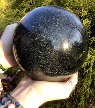 Load image into Gallery viewer, Tourmaline Sphere Large 11 Lb. 12 oz. Golden Pyrite Crystal Ball - 5“ Wide ~ Sparkling Rare Black &amp; Gold Inclusions ~ Reiki, Altar Display