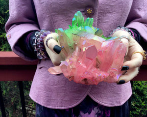 Aura Quartz Crystal Large 2 Lb. 12 oz. Cluster ~ 6" Long ~ Electric Pink & Green Points ~ Rainbow Iridescent Sparkly Points ~ Fast Shipping