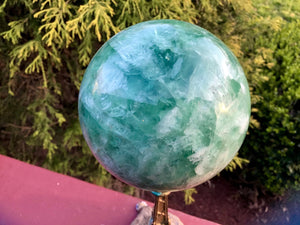 Fluorite Crystal Ball Large 2 Lb. 8 oz. Polished Sphere ~ 3" Wide ~ Swirling Green & White Colors ~ Big Beautiful Reiki, Altar Display