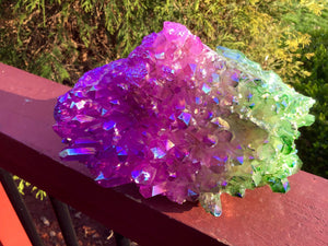 Elestial Aura Quartz Crystal Large 3 lb. 10 oz. Cluster ~ 7" Long ~ Big Rainbow Iridescent Electric Purple & Green Points ~ Free Shipping