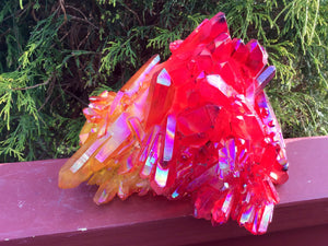 Angel Aura Quartz Crystal Large 4 Lb. 3 oz. Cluster ~ 6" Tall ~ Electric Orange, Yellow & Red ~ Sparkly Points ~ Rainbow Iridescent Colors