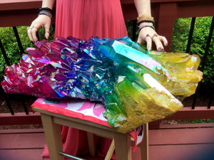 MASSIVE 76 lb. ~ Aura Quartz Crystal Cluster ~ 27" Long ~ Electric Green, Blue, Pink, Purple, Yellow Iridescent Sparkling Rainbow Colors