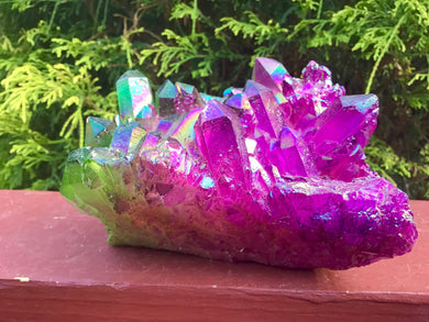 Elestial Aura Quartz Crystal Large 2 lb. 12 oz. Cluster ~5" Long ~ Electric Purple, Green Colors ~ Sparkly Rainbow Points ~ Fast Shipping