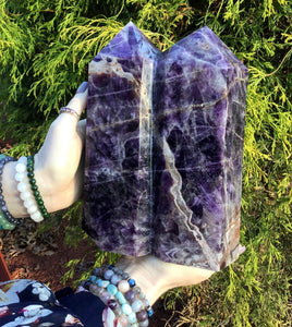 Amethyst Double Generator Crystal Twin Flame Large 10 lb. 11 oz. Tower ~ 9" Tall ~ Swirling Purple & White Colors ~ Stunning Reiki Display