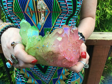 Load image into Gallery viewer, Elestial Aura Quartz Crystal Large 2 Lb. 4 oz. Cluster ~ Rainbow Pink &amp; Electric Green ~ Big Iridescent Points ~ White Opalescent Colors