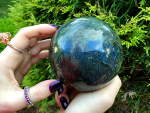 Labradorite Crystal Ball Large 2 Lb. 8 oz. Sphere ~ 3" Wide ~ Flashing Blue & Gold Iridescent Mineral ~  Big Reiki, Feng Shui Display