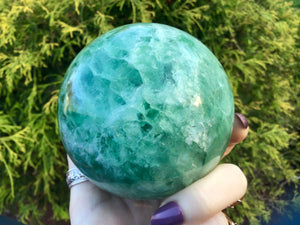 Fluorite Crystal Ball Large 2 Lb. 8 oz. Polished Sphere ~ 3" Wide ~ Swirling Green & White Colors ~ Big Beautiful Reiki, Altar Display