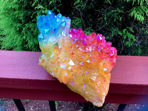 Elestial Aura Quartz Crystal Large 4 lb. 12 oz. Cluster ~ 7" Long ~ Rainbow Iridescent Electric Orange, Pink & Blue Points ~ Fast Shipping