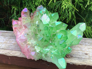 Angel Aura Quartz Crystal Large 2 Lb. 8 oz. Cluster ~ 7" Long ~ Electric Pink & Radiant Green Colors ~ Rainbow Iridescent Sparkling Points