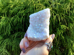 Aura Quartz Crystal Large 7.4 oz. Cluster ~ 3" Long ~ Electric Pearlescent White Rainbow Iridescent Sparkling Points ~ Reiki Altar Display