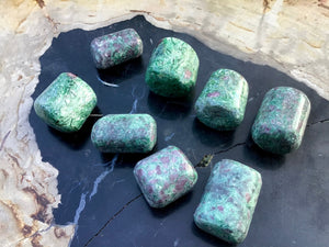 8 Flashy Ruby Zoisite Polished Crystals ~ Collection for Sharing and Gifting ~ Ruby Red, Forest Green, Flashy Silver ~ Perfect Holiday stone