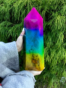 Aura Fluorite Generator Crystal Large 18 Lb. Tower ~ 14" Tall ~ Massive ~ Rainbow Colors ~ Pink, Blue, Green, Yellow ~ Fast & Free Shipping