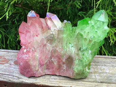 Elestial Aura Quartz Crystal Large 2 Lb. 4 oz. Cluster ~ Rainbow Pink & Electric Green ~ Big Iridescent Points ~ White Opalescent Colors