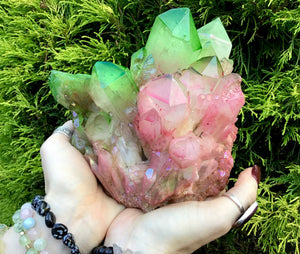 Elestial Aura Quartz Crystal Large 4 Lb. 12 oz. Cluster ~ 6" Tall ~ Rainbow Pink & Electric Green Colors ~ Big Iridescent Opalescent Points