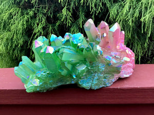 Aura Quartz Crystal  Large 6 Lb. Cluster ~ 9" Long ~ Electric Pink & Radiant Green Angel Colors ~ Big Rainbow Iridescent Sparkling Points