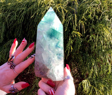Load image into Gallery viewer, Fluorite Generator Large 3 Lb. Tower ~ 6&quot; Tall Pillar ~ Angel Feathers ~ Green Blue Clear Sparkling Rainbows Phantoms ~ Silver Inclusions