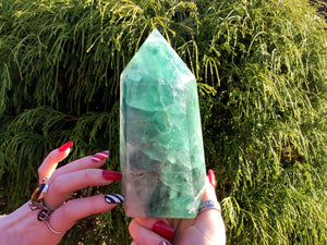 Fluorite Generator Large 3 Lb. Tower ~ 6" Tall Pillar ~ Angel Feathers ~ Green Blue Clear Sparkling Rainbows Phantoms ~ Silver Inclusions