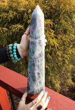 Load image into Gallery viewer, Fluorite Generator Large 9 lb. Tower~ 14&quot; Tall ~ Purple Green &amp; White Swirling Rainbow Colors ~ Free Standing ~ Crystal Point Pillar Display