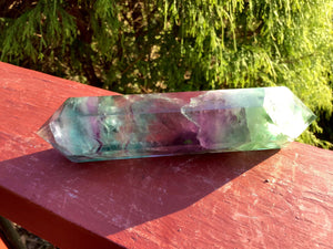 Fluorite Clear Double Terminated Big 8.3 oz. Generator ~ 5" Long Wand ~ Sparkling Green, Purple, Blue Rainbow Colors ~  Reiki Altar Display