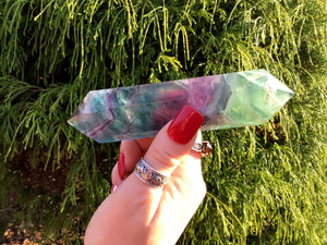 Fluorite Clear Double Terminated Big 8.3 oz. Generator ~ 5" Long Wand ~ Sparkling Green, Purple, Blue Rainbow Colors ~  Reiki Altar Display