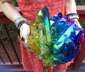 Aura Quartz Crystal Large 19 lb. 9 oz. Cluster ~ 11" Long ~ Angel Rainbow Colors Yellow, Blue, Green ~ Magnificent Display ~ Fast Shipping