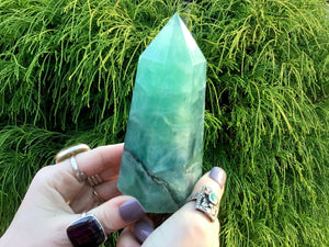 Fluorite Crystal Generator Large 1 Lb. 2 oz. Tower ~ 4 1/2" Tall ~ Electric Glowing Blue & Green Rainbow Color Inclusions ~ Fast Shipping