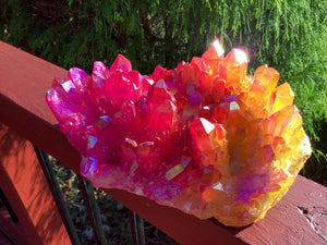 Elestial Aura Quartz Crystal Large 6 Lb. Cluster ~ 8" Long ~ Electric Red, Pink & Orange Colors ~ Rainbow Iridescent Sparkling Long Points