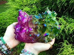 Aura Quartz Crystal Large 4 Lb. 2 oz. Cluster ~ 8" Long ~  Sparkling Rainbow Iridescent Electric Purple & Forest Green ~ Fast Free Shipping