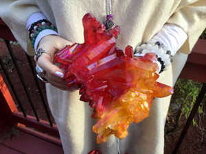 Angel Aura Quartz Crystal Large 4 Lb. 3 oz. Cluster ~ 6" Tall ~ Electric Orange, Yellow & Red ~ Sparkly Points ~ Rainbow Iridescent Colors