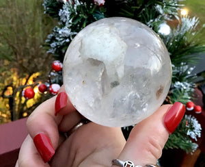 Clear Quartz 9.8 oz. Crystal Ball ~ 2" Wide Translucent Sphere ~ White Sand Inclusions ~ Reiki, Altar, Feng Shui Display Fast Shipping