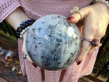 Load image into Gallery viewer, Tourmaline Crystal Ball Large 8 lb. Polished Quartz Sphere ~ 5 1/2&quot; Wide ~ Swirling Thick Black Tourmalated Hairs ~ Big Display Specimen