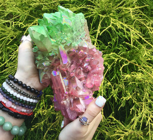 Aura Quartz Crystal Large 3 Lb. Cluster ~ 8" Long ~ Electric Pink & Green Points ~ Rainbow Iridescent ~ Big Sparkly Points ~ Fast Shipping