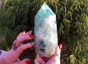 Fluorite Generator Large 3 Lb. Tower ~ 6" Tall Pillar ~ Angel Feathers ~ Green Blue Clear Sparkling Rainbows Phantoms ~ Silver Inclusions