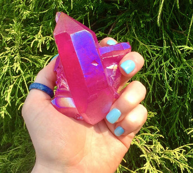 Angel Aura Quartz Crystal 7.5 oz. Cluster ~ 4" Long ~ Dazzling Fuchsia Pink Iridescent Color ~ Large Points ~ Fast & Free Shipping