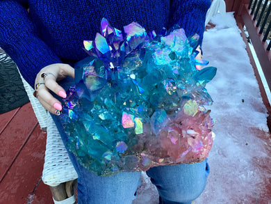 Aura Quartz Crystal Large 34 lb. 15 oz. Cluster ~ 10" Long ~ Angel Rainbow Colors ~ Red, Blue, Green ~ Magnificent Display ~ Fast Shipping