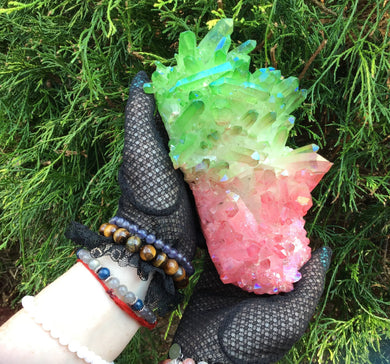 Aura Quartz Crystal Big 1 Lb. 14 oz. Cluster ~ 7" Long ~ Electric Pink Rainbow Iridescent & Green Points ~ Sparkling Points ~ Fast Shipping