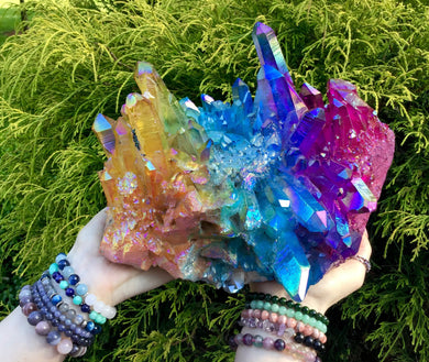 Aura Quartz Crystal Large 12 lb. 5  oz. Cluster ~ 10" Long ~ Angel Rainbow Colors ~ Red, Blue, Green ~ Magnificent Display ~ Free Shipping