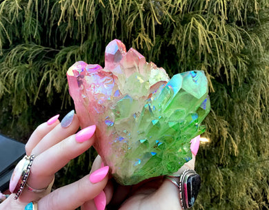 Aura Quartz Crystal Large 1 Lb. 3 oz. Cluster ~ 3" Long ~ Electric Pink Rainbow Iridescent & Green Points ~ Sparkling Points ~ Fast Shipping