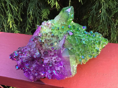 Elestial Aura Quartz Crystal Large 1 Lb. 5 oz. Cluster ~ 5" Long ~ Electric Purple And Green Colors ~ Rainbow Iridescent Sparkling Points