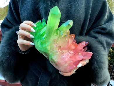 Angel Aura Quartz Crystal Large 7 Lb. 9 oz. Cluster ~ 9" Long ~ Electric Pink & Green Rainbow Iridescent Sparkling Points ~ Fast Shipping