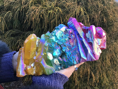 Aura Quartz Crystal Large 9 lb. Cluster ~ 10" Long ~ Massive Pink, Green, Yellow Rainbow Angel Colors ~ Centerpiece ~ Fast & Free Shipping