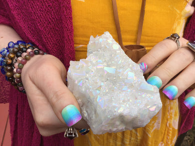 Angel Aura Quartz Crystal Large 11.7 oz. Cluster ~ 4" Long ~ Electric Pearlescent White Rainbow Iridescent Sparkling Points ~ Reiki Altar