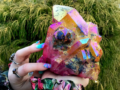 Aura Quartz Crystal Large 3 Lb. 7 oz. Cluster ~ 5" Tall ~ Sparkling Pink & Bright Yellow Dazzling Iridescent Rainbow Colors ~ Reiki Display
