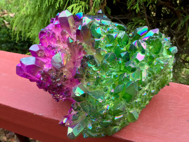 Elestial Aura Quartz Crystal Large 2 Lb. 5 oz. Cluster ~ 5" Long ~ Electric Purple And Green Colors ~ Rainbow Iridescent Sparkling Points