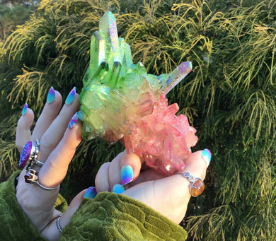 Aura Quartz Crystal Large 15.4 oz. Cluster ~ 6" Long ~ Electric Pink Rainbow Iridescent & Green Points ~ Sparkling Points ~ Fast Shipping