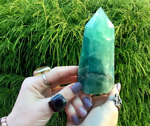Fluorite Crystal Generator Large 1 Lb. 2 oz. Tower ~ 4 1/2" Tall ~ Electric Glowing Blue & Green Rainbow Color Inclusions ~ Fast Shipping