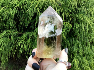 Citrine Generator Clear Quartz Crystal 8 oz. Tower ~ 4" Tall Polished Point ~ Sparkling Phantoms Silver Inclusions ~ Fast & Free Shipping