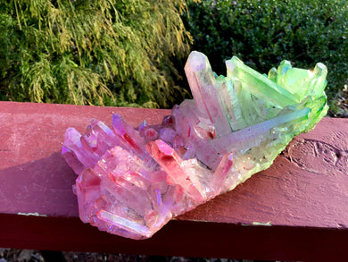 Aura Quartz Crystal Large 1 Lb. 4 oz. Cluster ~ 7" Long ~ Electric Pink Rainbow Iridescent & Green Points ~ Sparkling Points ~ Fast Shipping