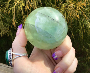 Fluorite Green Quartz Crystal Ball  Large 14.7 oz. Polished Sphere ~ 2 1/2" Wide ~ Angel Feathers ~ Reiki Altar Display ~ Fast Free Shipping
